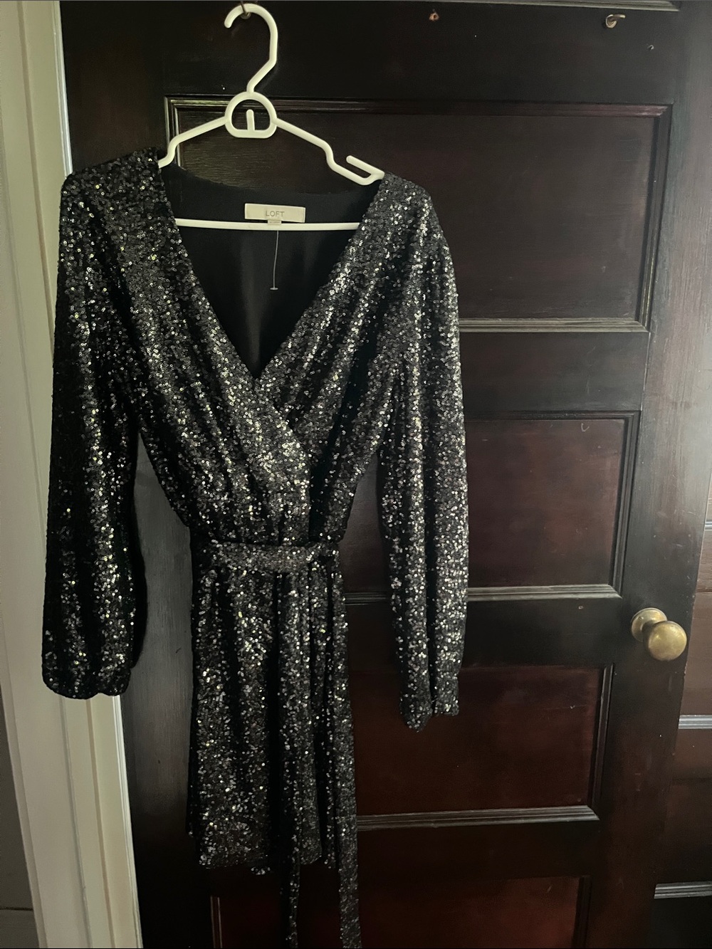 LOFT Black Sequin Wrap Dress with Long Sleeves and Tie Waist